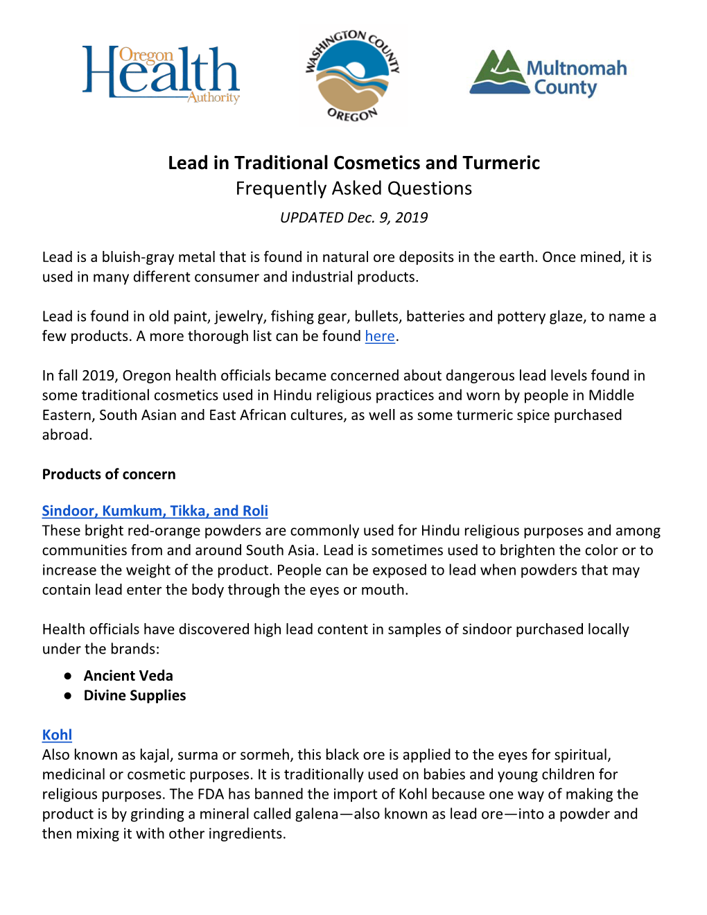 Lead in Traditional Cosmetics and Turmeric Frequently Asked Questions UPDATED Dec