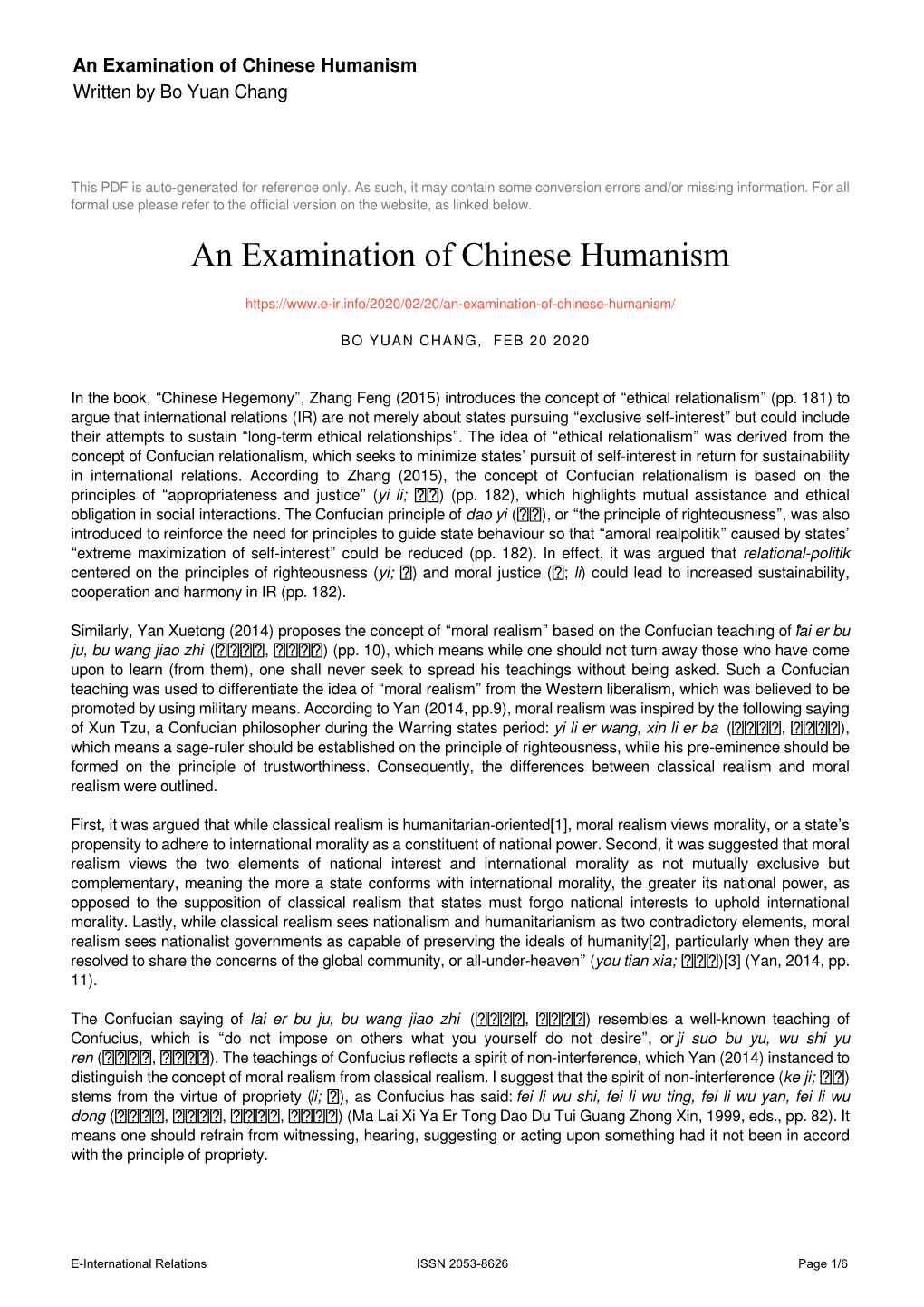 An Examination of Chinese Humanism Written by Bo Yuan Chang