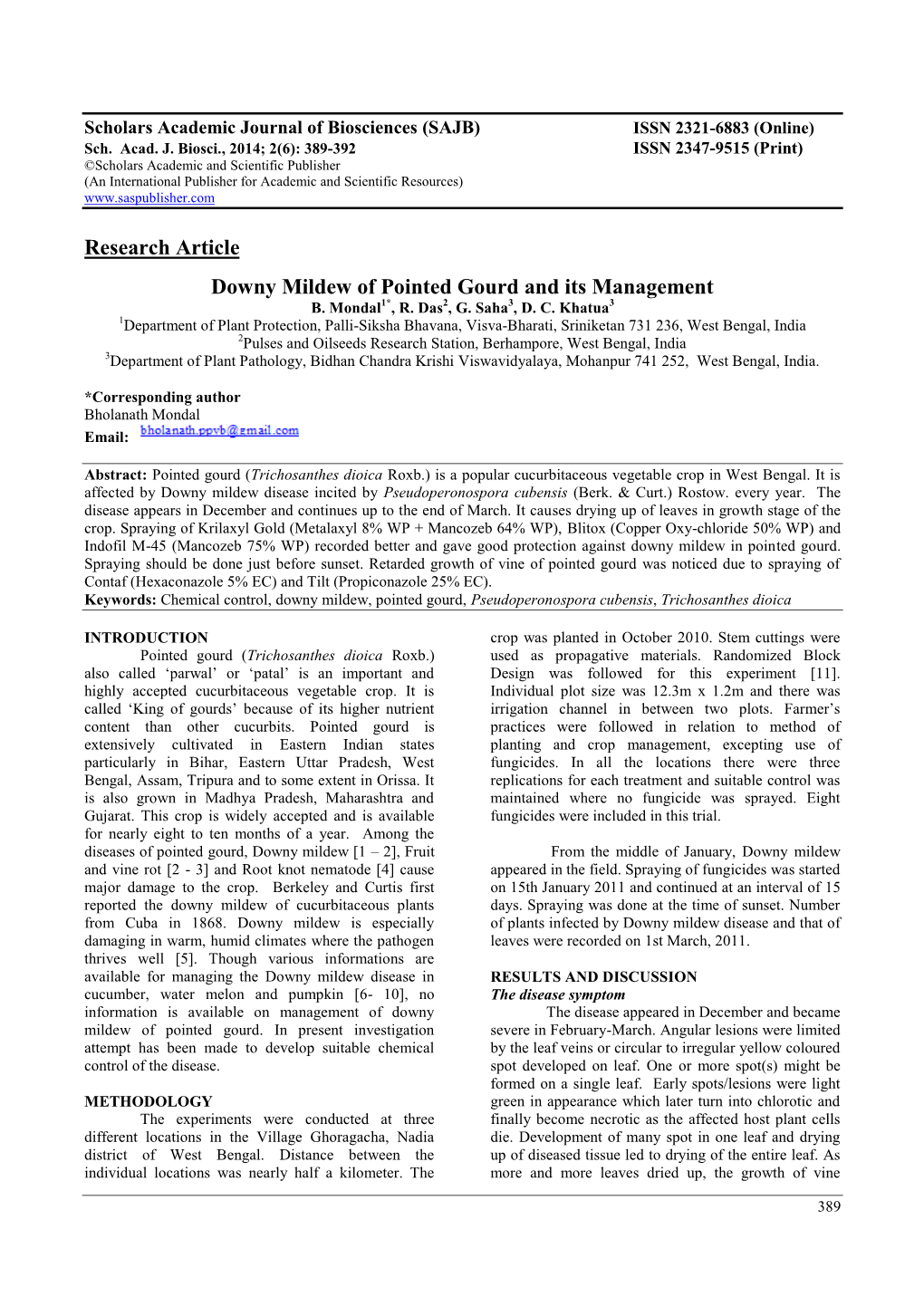 Research Article Downy Mildew of Pointed Gourd and Its Management