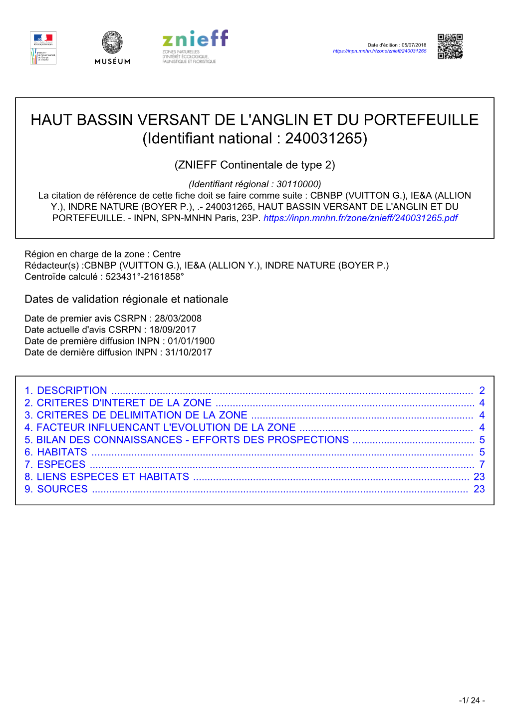 HAUT BASSIN VERSANT DE L'anglin ET DU PORTEFEUILLE (Identifiant National : 240031265)