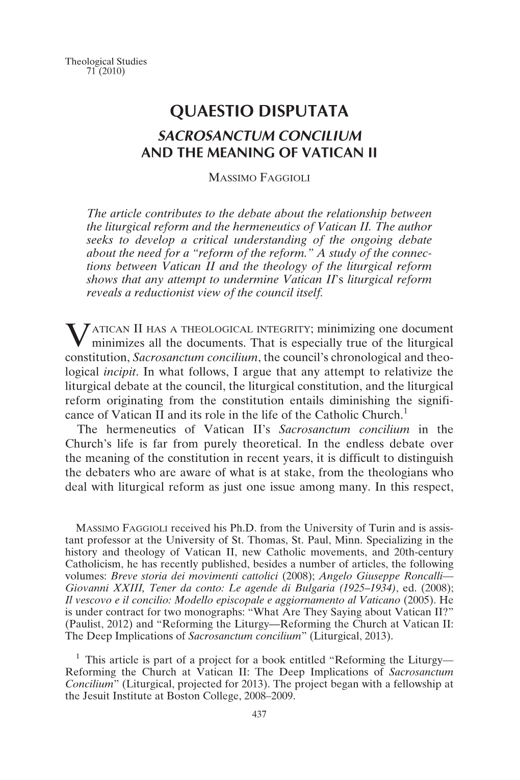 Quaestio Disputata Sacrosanctum Concilium and the Meaning of Vatican Ii