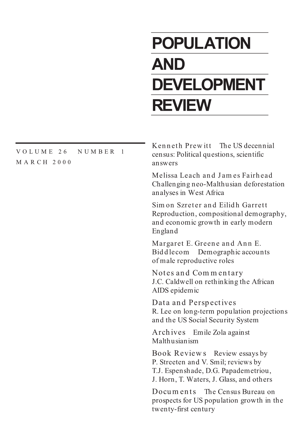 Population and Development Review, Volume 26, Number 1