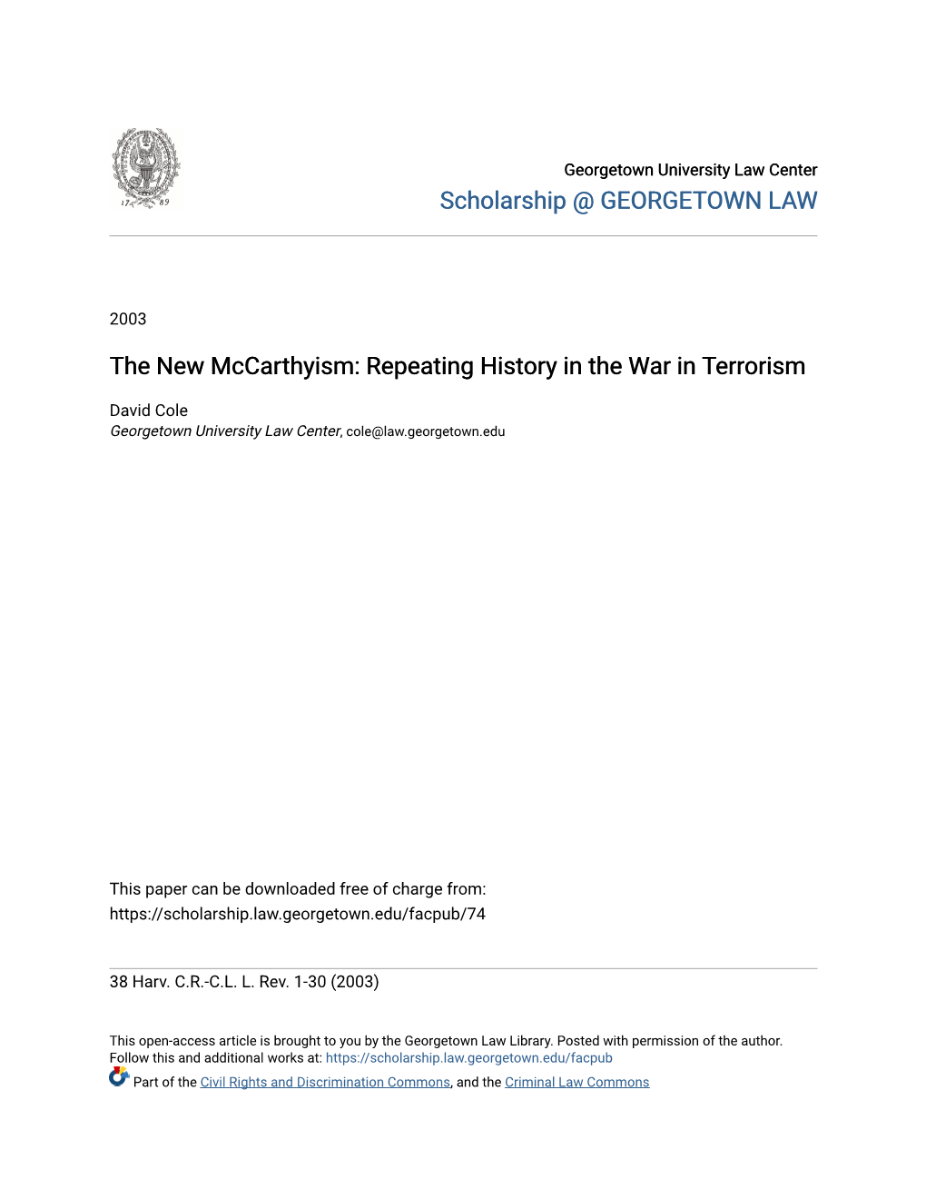 The New Mccarthyism: Repeating History in the War in Terrorism