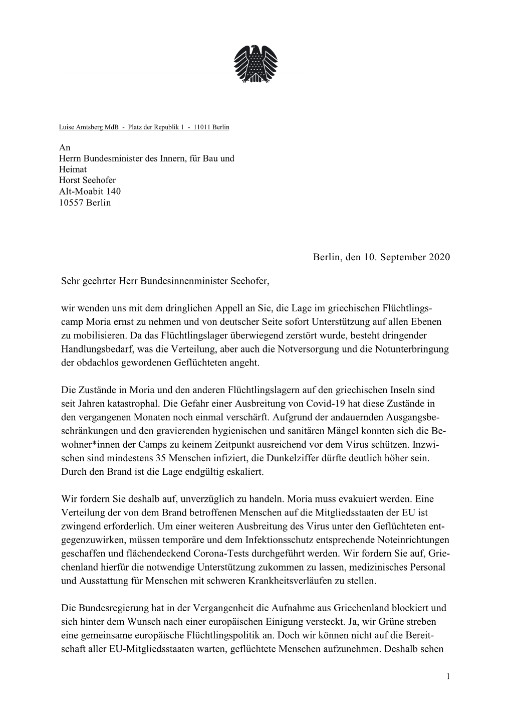 Brief an BM Seehofer Zu Moria