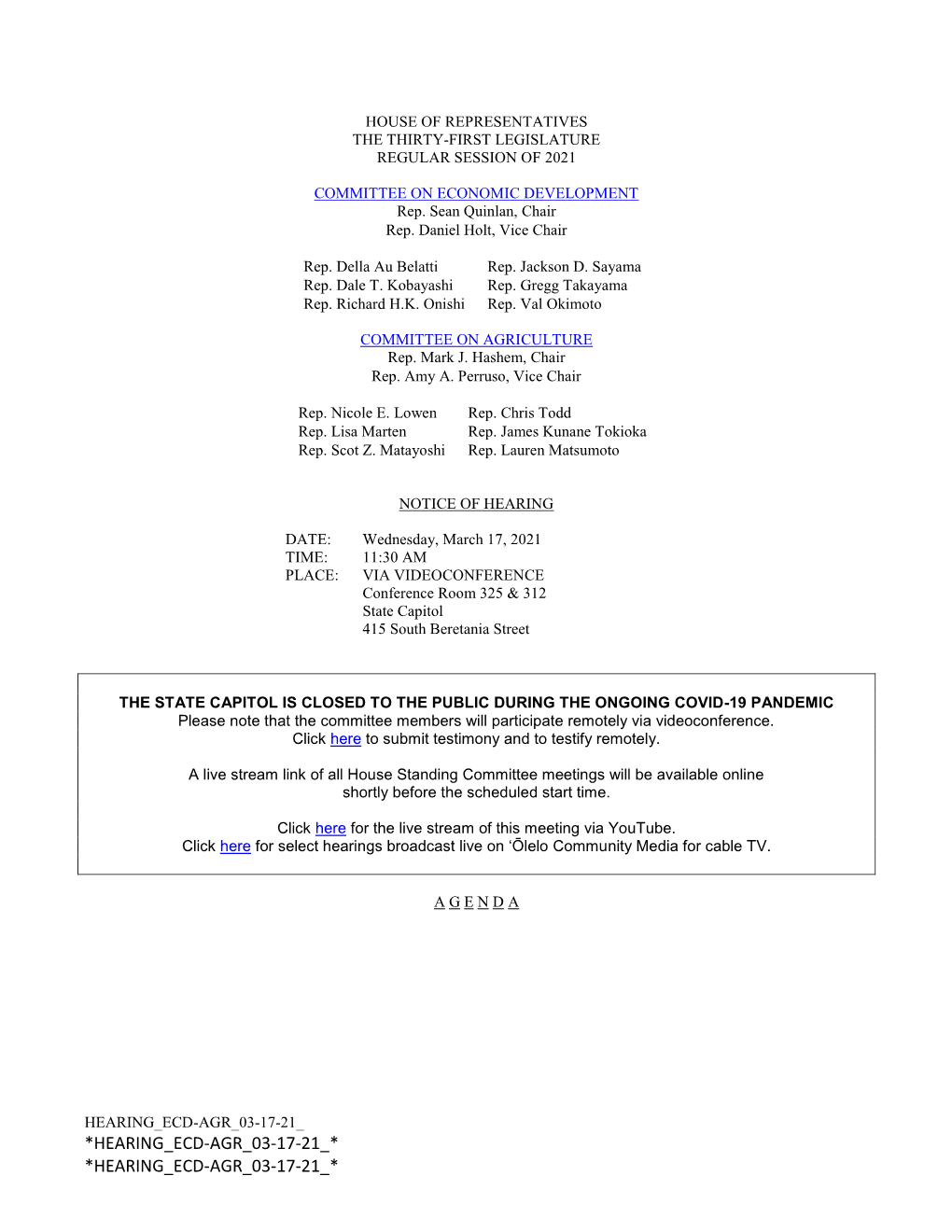 *Hearing Ecd-Agr 03-17-21 * *Hearing Ecd-Agr 03-17-21 * Sb 263, Sd2 Relating to Economic Development