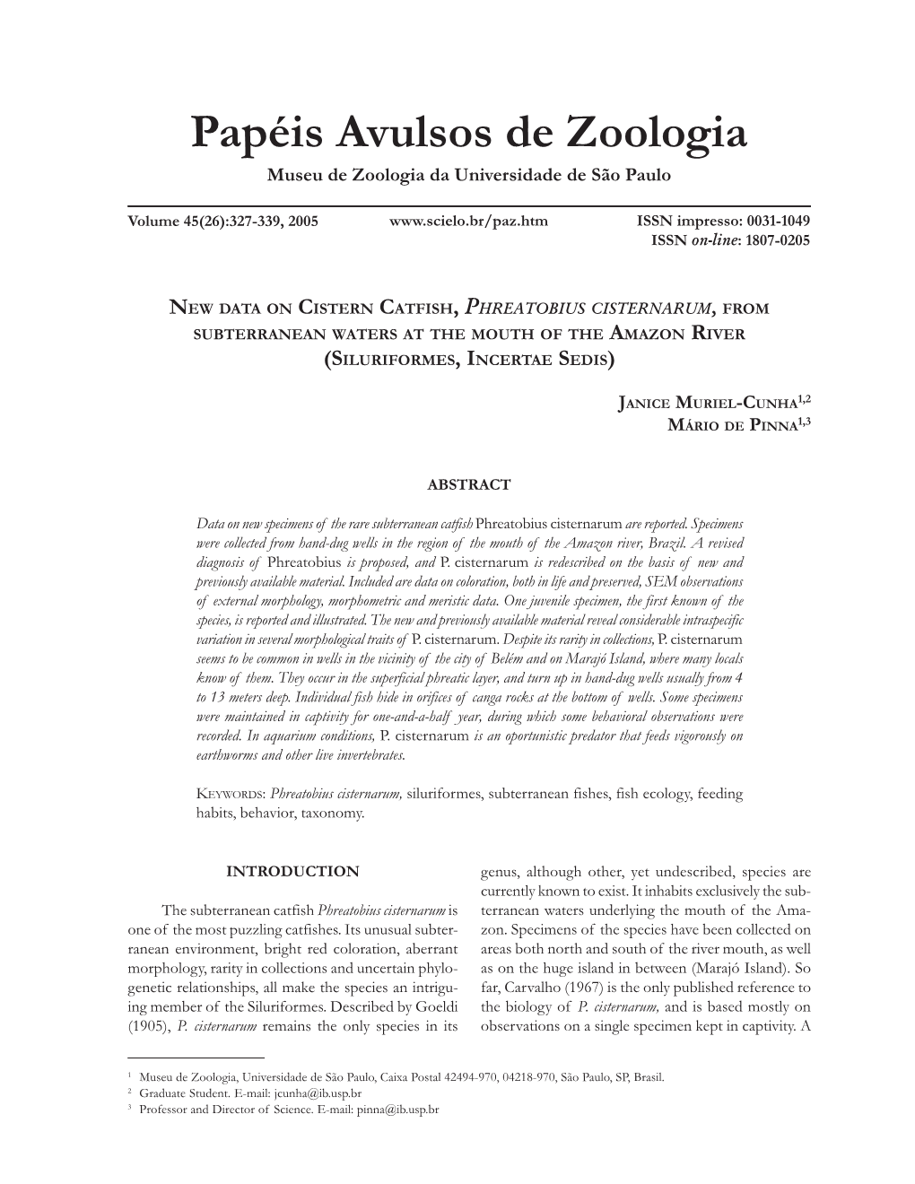 New Data on Cistern Catfish, Phreatobius Cisternarum, from Subterranean Waters at the Mouth of the Amazon River (Siluriformes, Incertae Sedis)