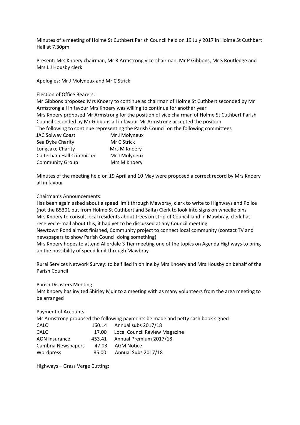 Minutes of a Meeting of Holme St Cuthbert Parish Council Held on 19 July 2017 in Holme St Cuthbert Hall at 7.30Pm