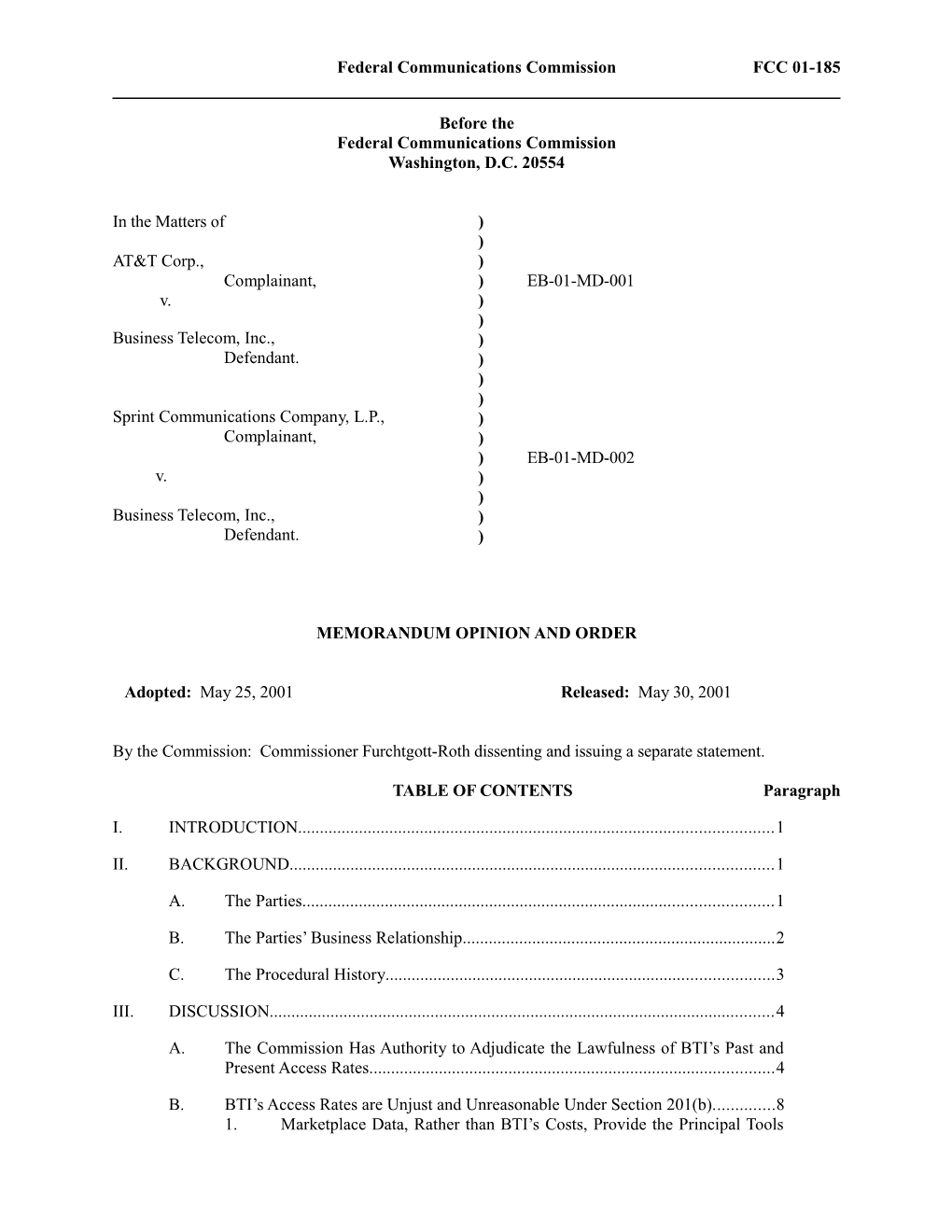 Federal Communications Commission FCC 01-185