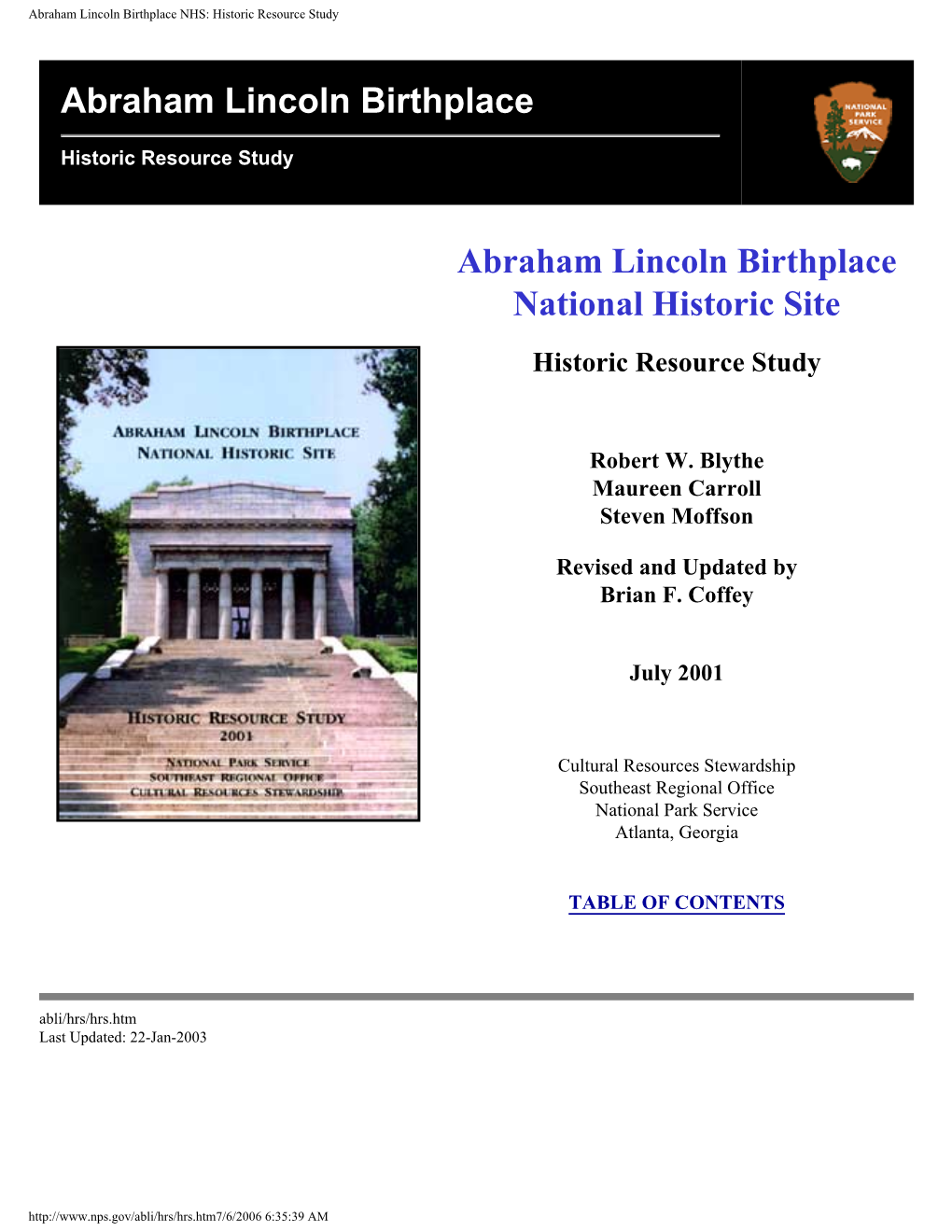 Abraham Lincoln Birthplace NHS: Historic Resource Study