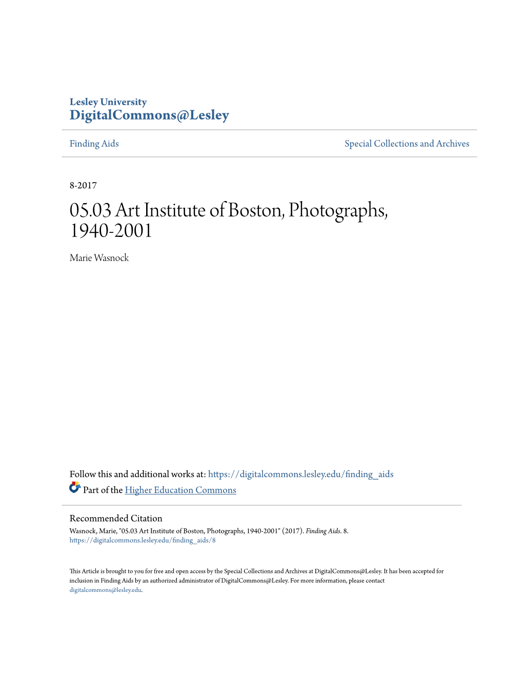 05.03 Art Institute of Boston, Photographs, 1940-2001 Marie Wasnock