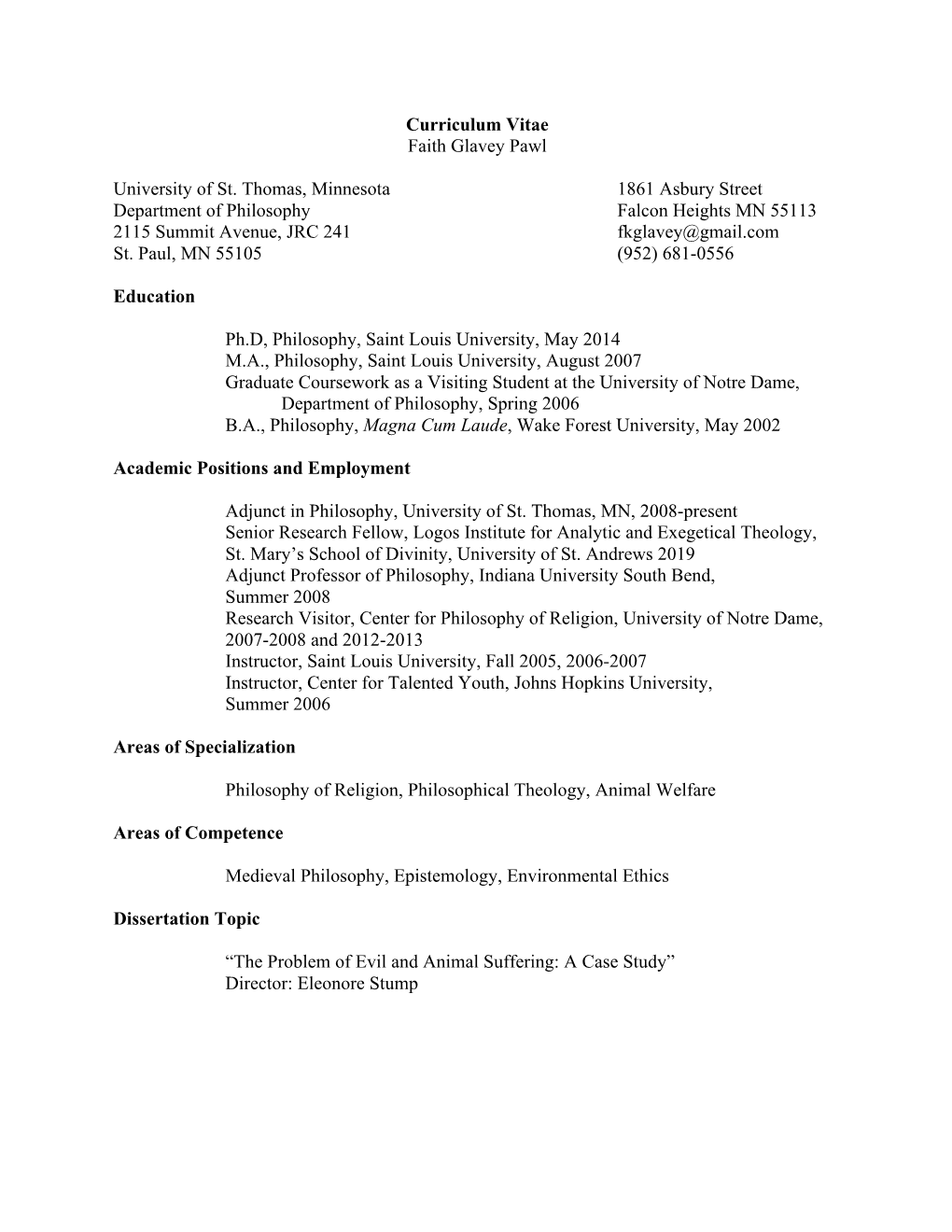 Curriculum Vitae Faith Glavey Pawl University of St. Thomas, Minnesota