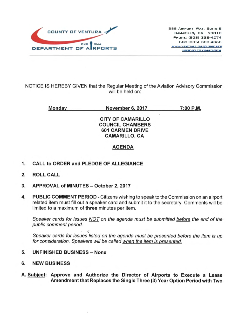 Monday November 6, 2017 CITY of CAMARILLO COUNCIL