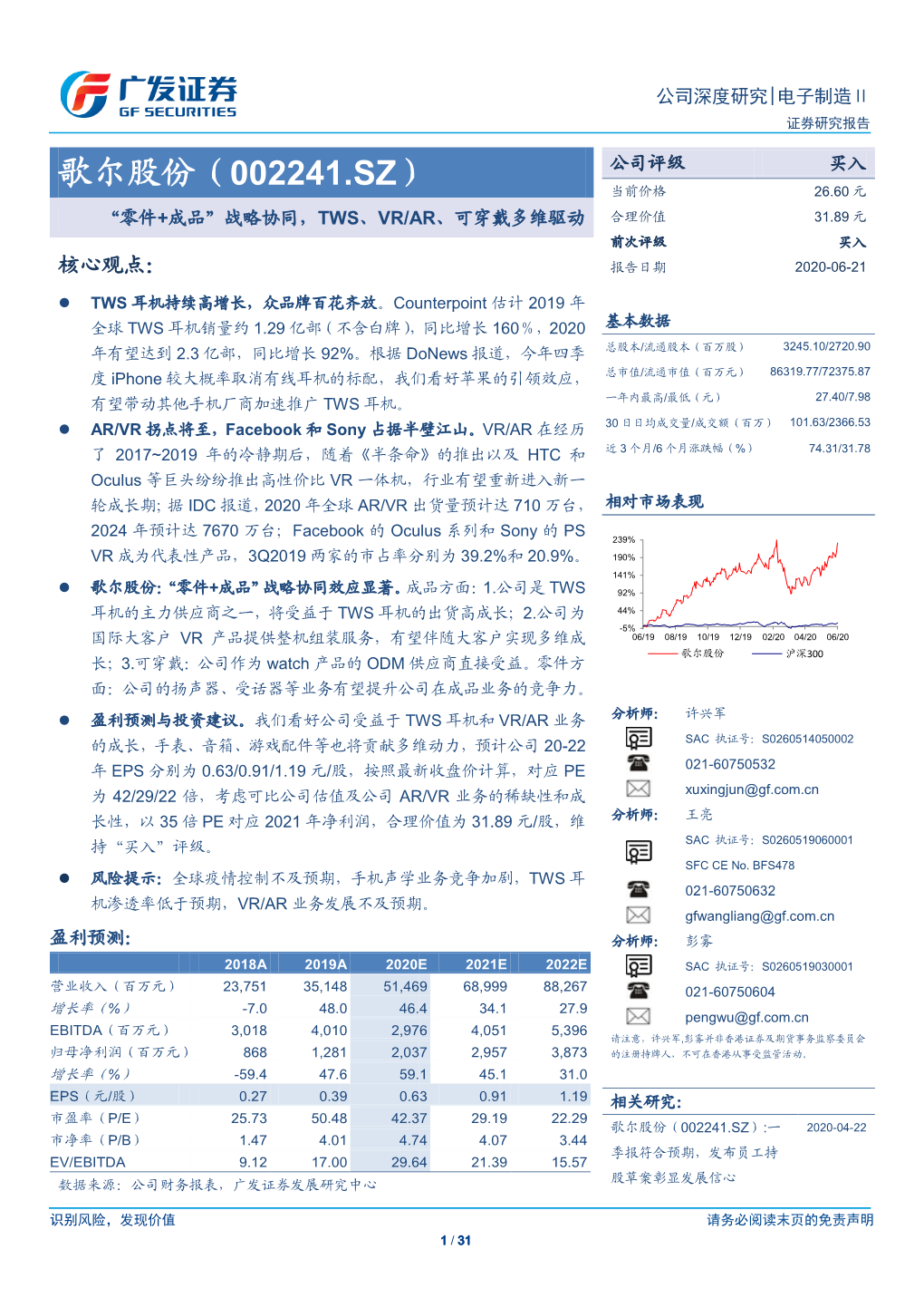 歌尔股份（002241.Sz）:一 2020-04-22 市净率（P/B） 1.47 4.01 4.74 4.07 3.44 季报符合预期，发布员工持 Ev/Ebitda 9.12 17.00 29.64 21.39 15.57 股草案彰显发展信心 数据来源：公司财务报表，广发证券发展研究中心