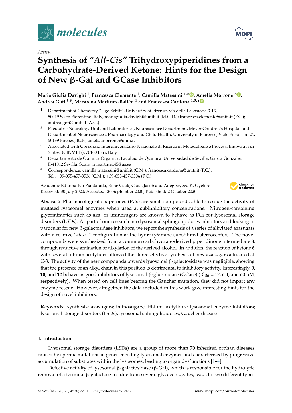 Synthesis of “All-Cis” Trihydroxypiperidines from a Carbohydrate-Derived Ketone: Hints for the Design of New Β-Gal and Gcase Inhibitors