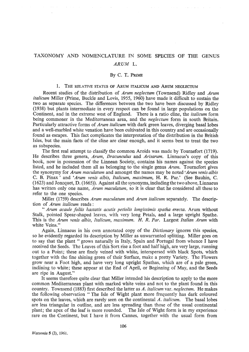 Taxonomy and Nomenclature in Some Species of the Genus Arum L