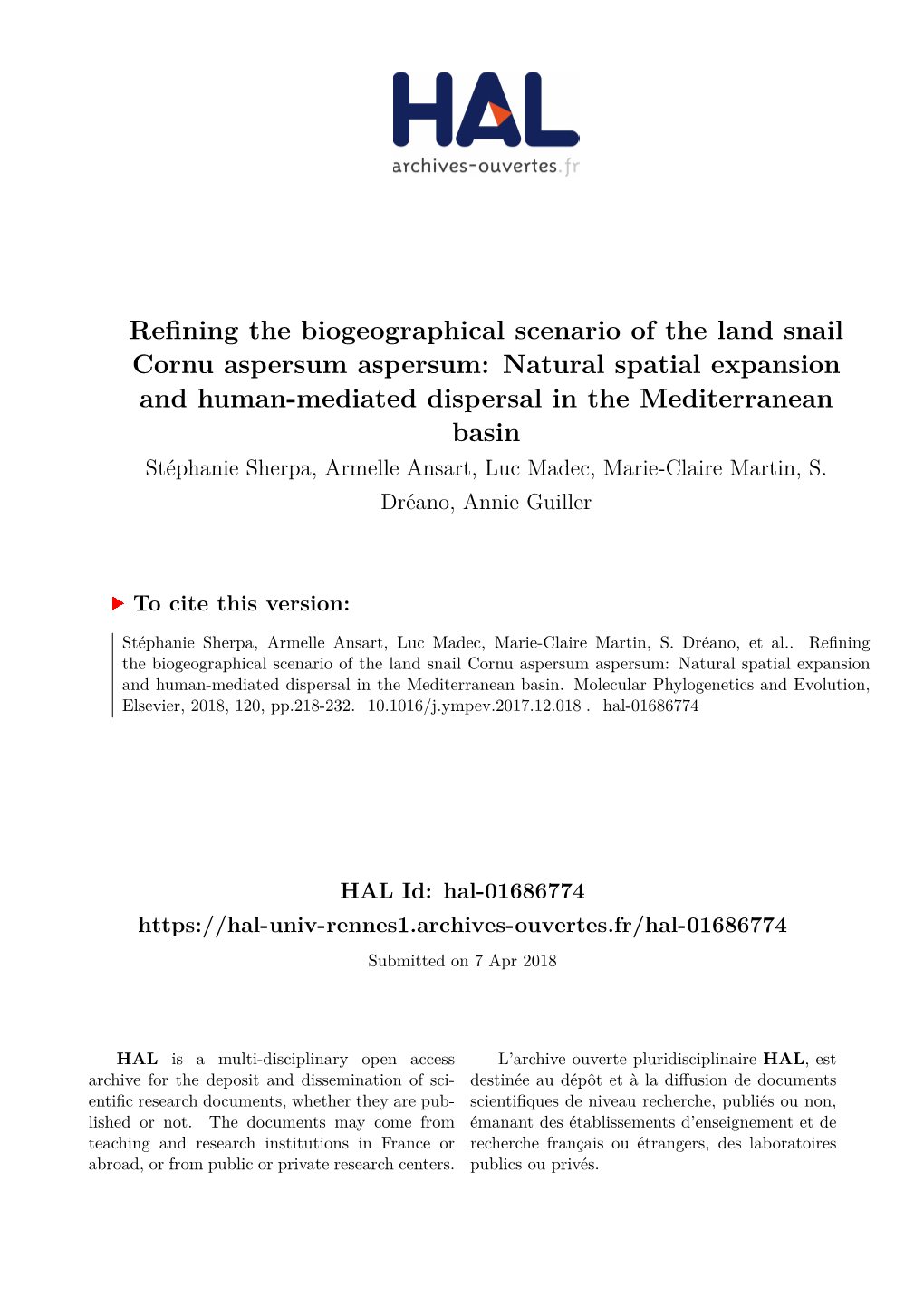 Refining the Biogeographical Scenario of the Land Snail Cornu Aspersum