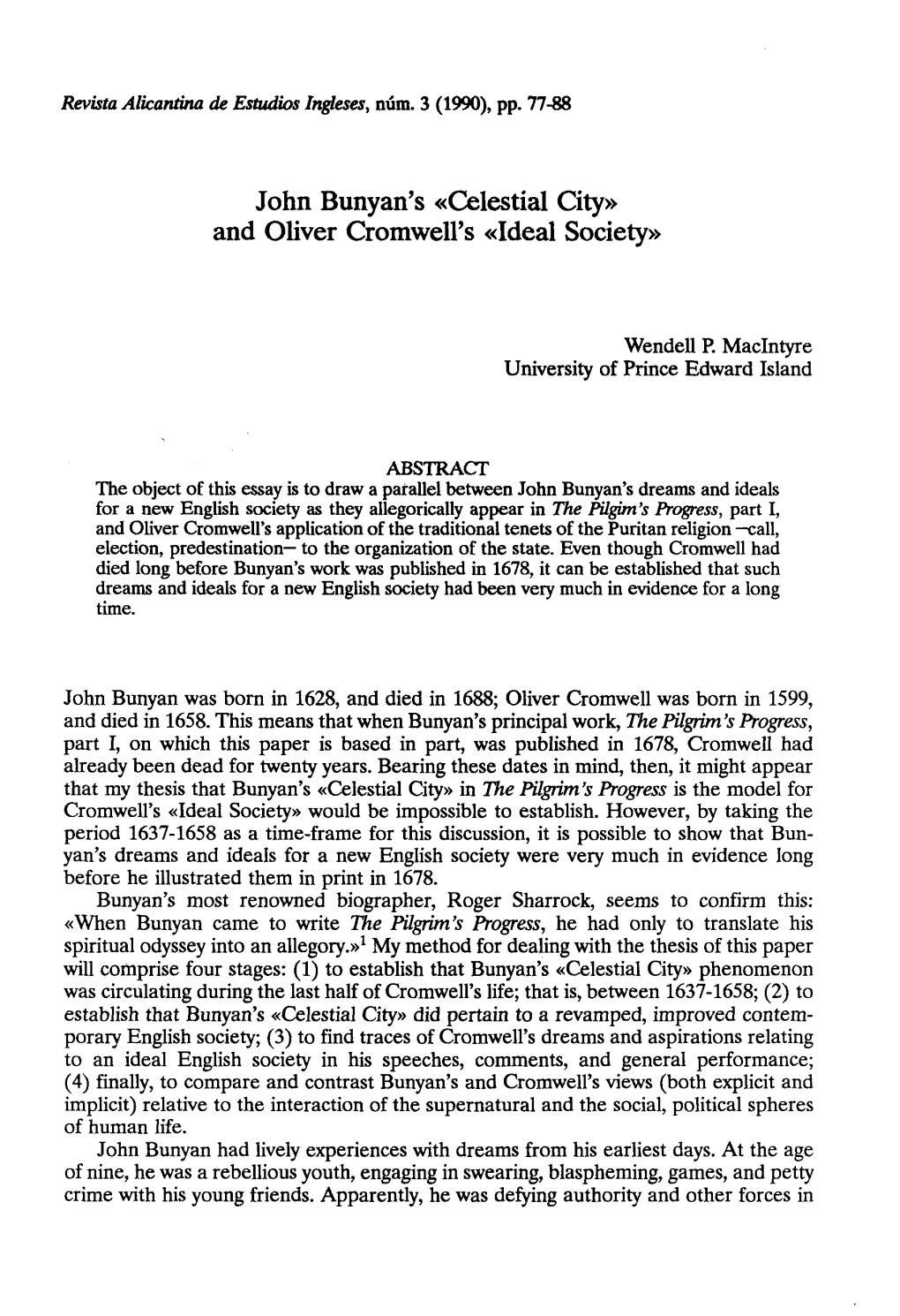 John Bunyan's «Celestial City» and Oliver Cromwell's «Ideal Society»