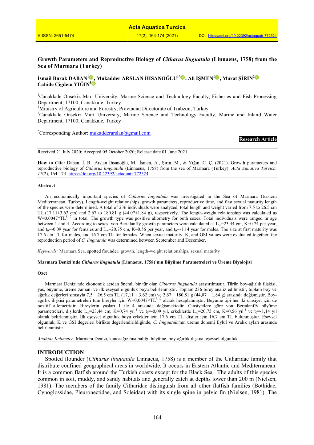 164 Growth Parameters and Reproductive Biology Of