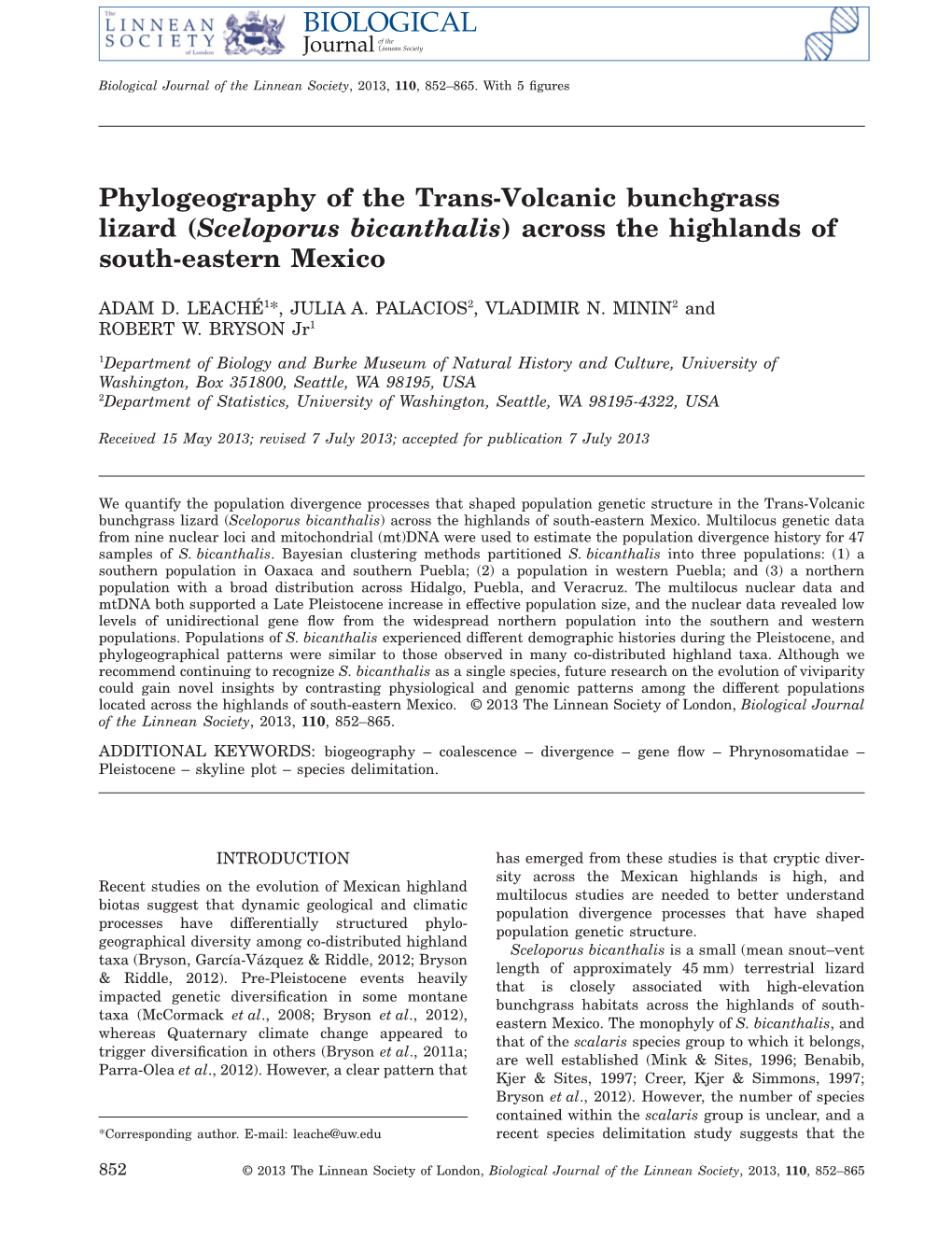 Phylogeography of the Transvolcanic Bunchgrass Lizard (Sceloporus Bicanthalis) Across the Highlands of Southeastern Mexico