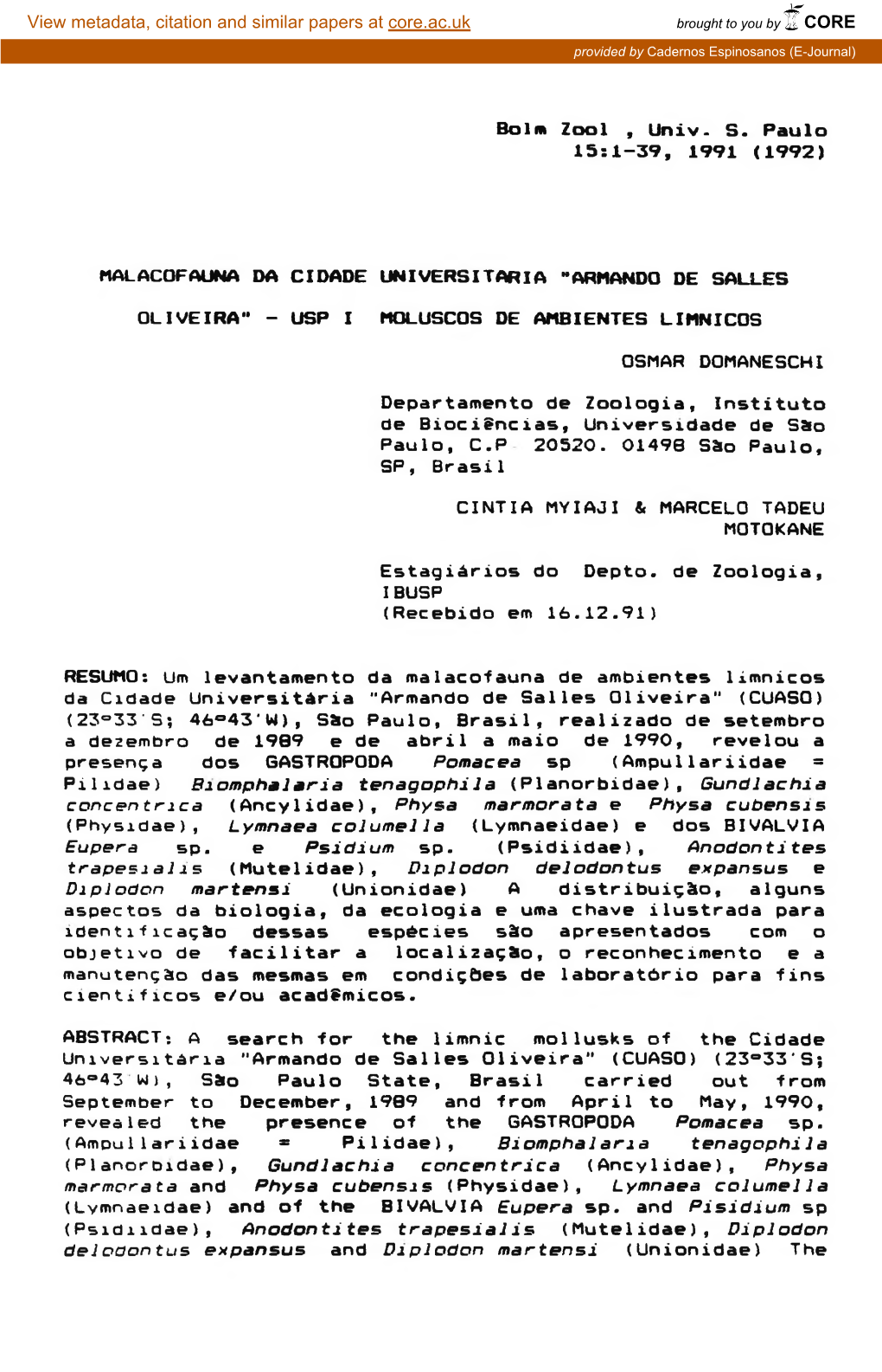 Boim Zool , Univ. S. Paulo 15:1-39, 1991 (1992) MALACOFAUNA DA