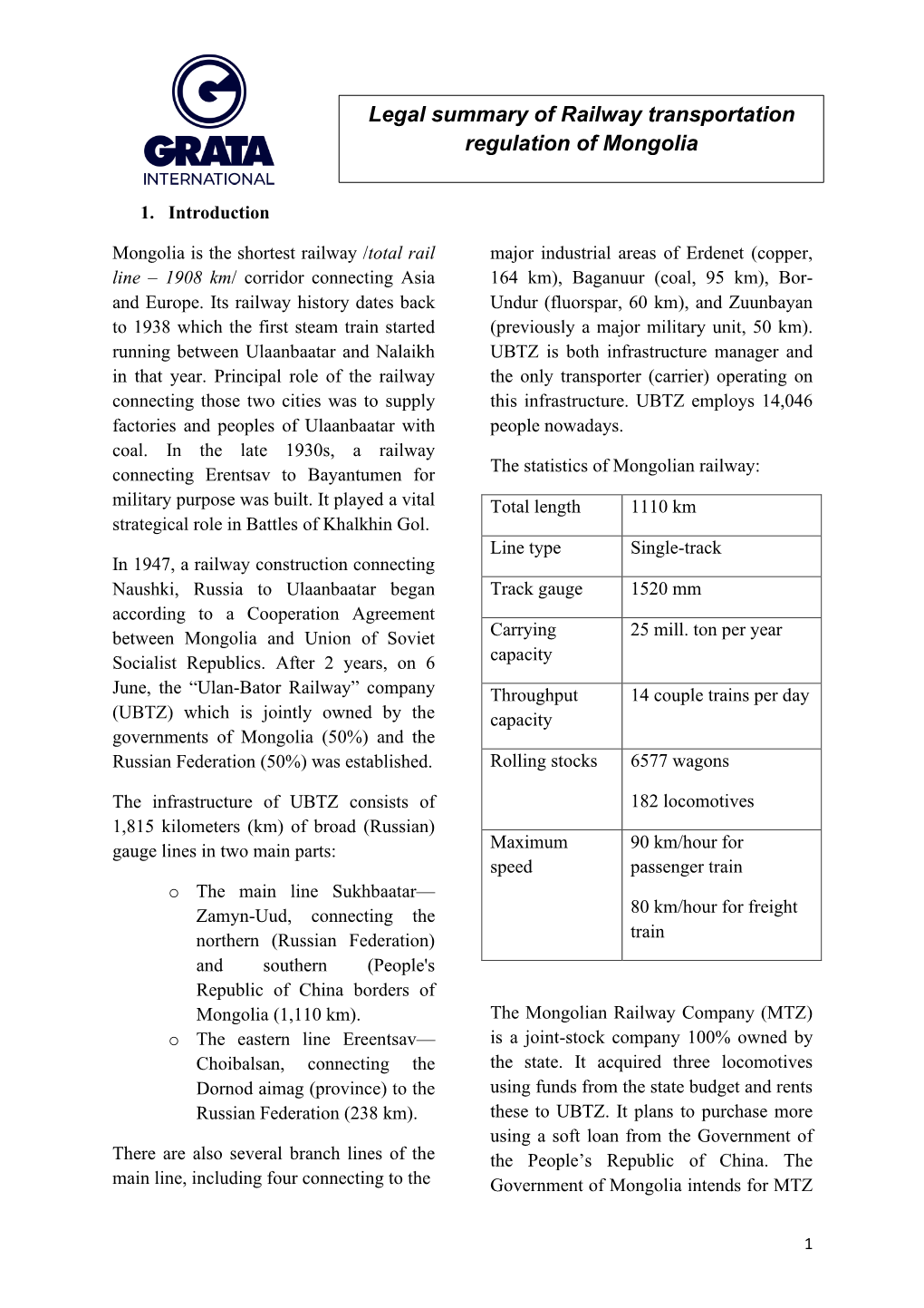 Legal Summary of Railway Transportation Regulation of Mongolia