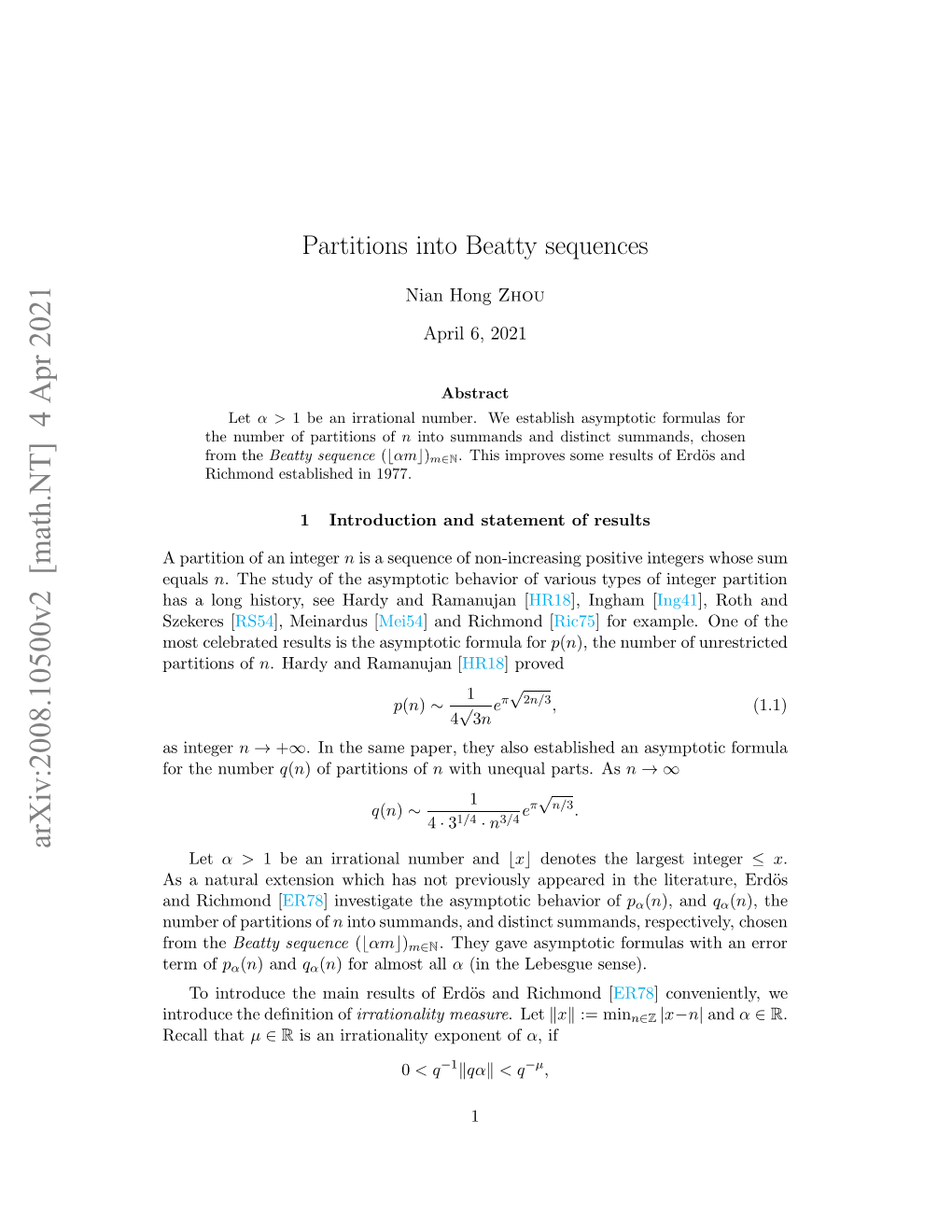 Arxiv:2008.10500V2 [Math.NT] 4 Apr 2021