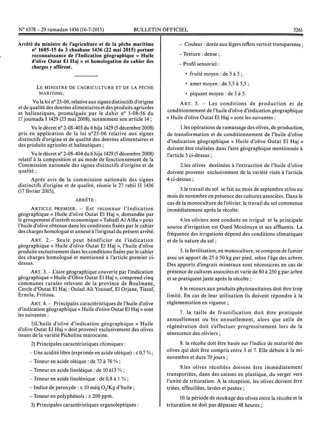 Arrêté Du Ministre De L'agriculture Et De La Pêche Maritime N° 1685