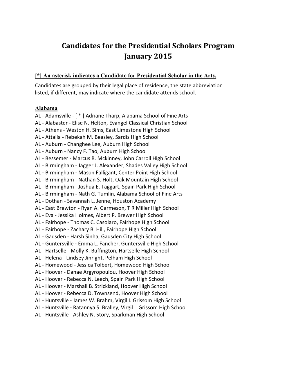 Candidates for the Presidential Scholars Program January 2015