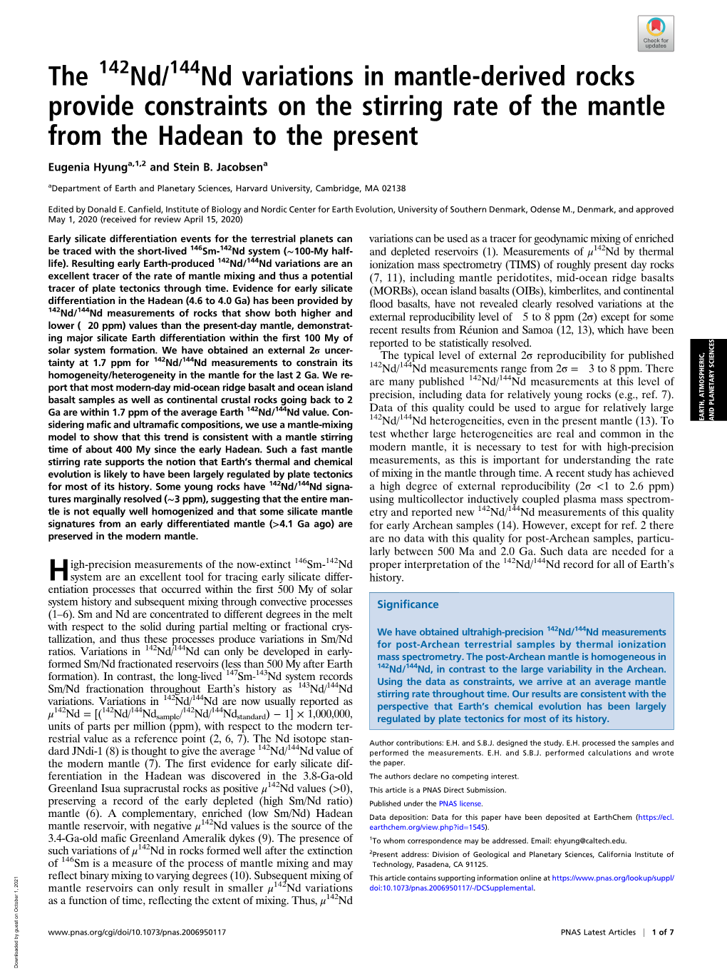 The 142Nd/144Nd Variations in Mantle-Derived Rocks Provide Constraints on the Stirring Rate of the Mantle from the Hadean to the Present