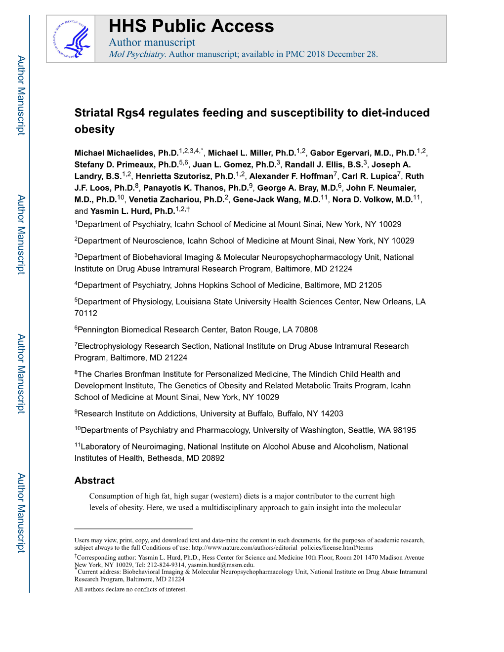 Striatal Rgs4 Regulates Feeding and Susceptibility to Diet-Induced Obesity