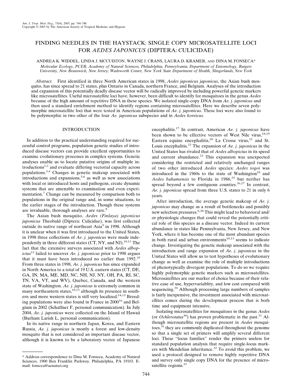 Finding Needles in the Haystack: Single Copy Microsatellite Loci for Aedes Japonicus (Diptera: Culicidae)