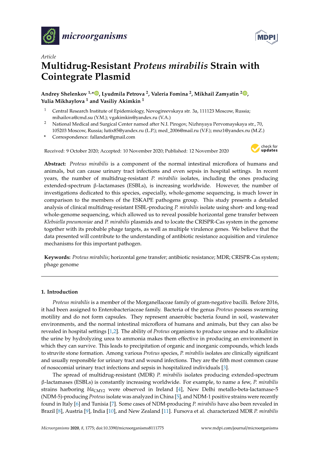 Multidrug-Resistant Proteus Mirabilis Strain with Cointegrate Plasmid