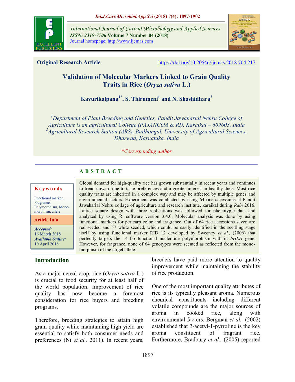 Validation of Molecular Markers Linked to Grain Quality Traits in Rice (Oryza Sativa L.)