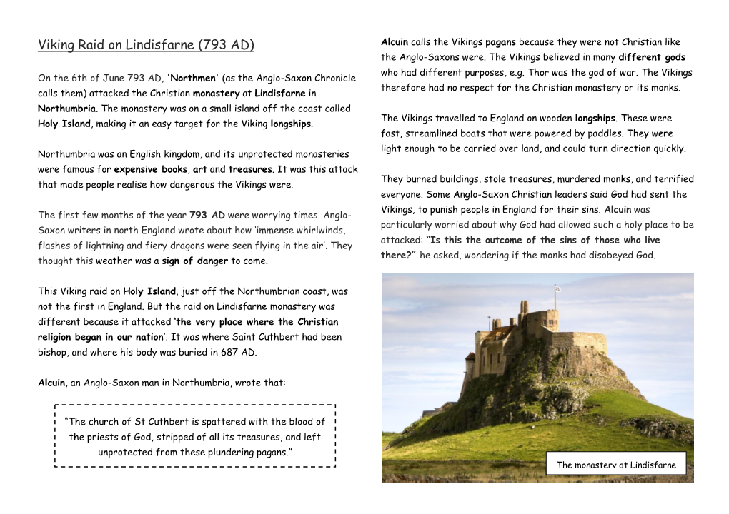 Viking Raid on Lindisfarne (793 AD) the Anglo-Saxons Were