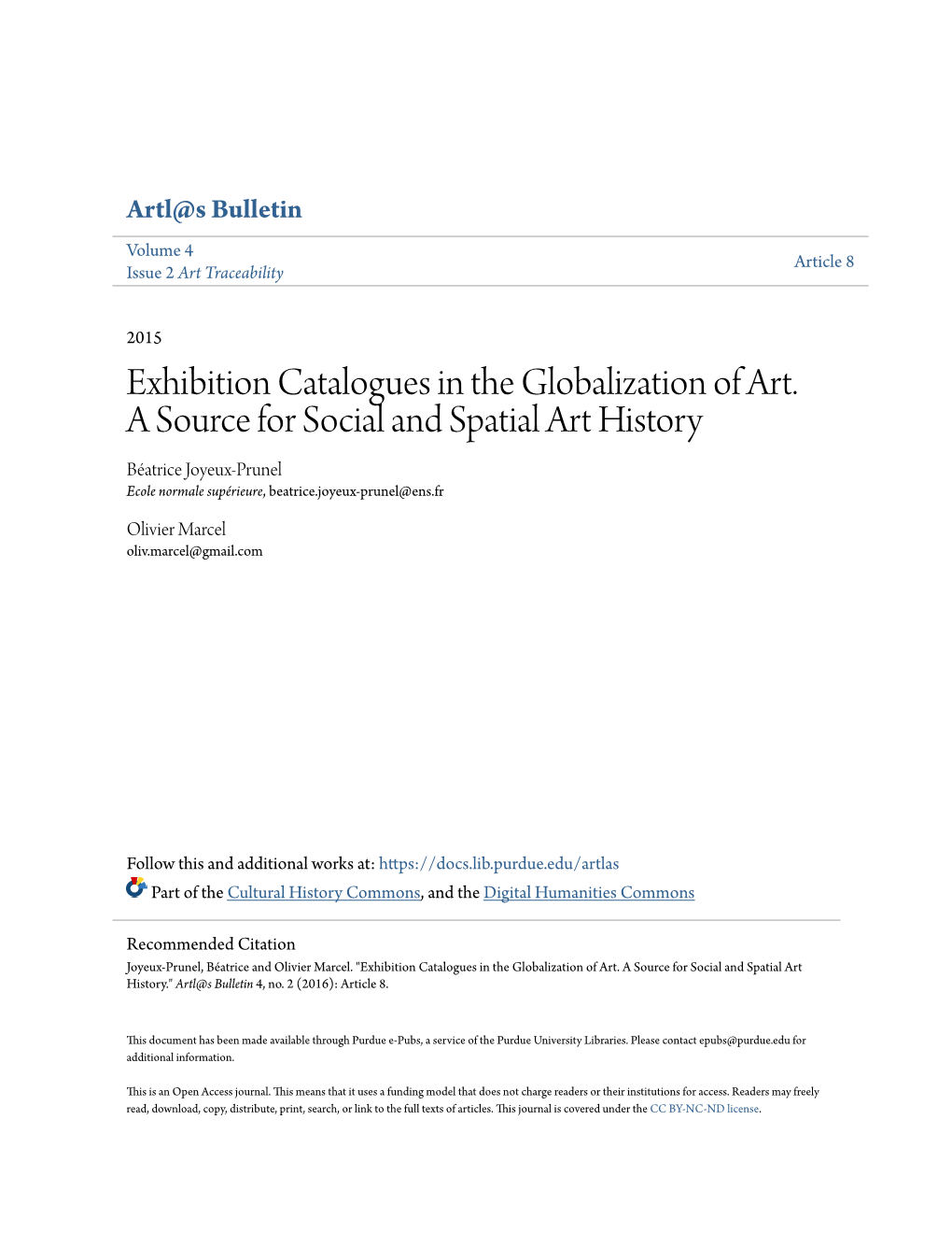 Exhibition Catalogues in the Globalization of Art. a Source For