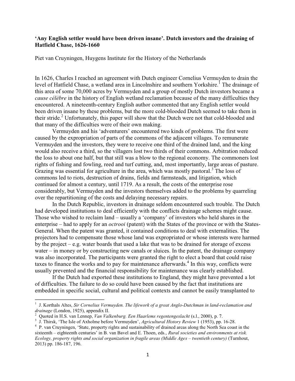 Dutch Investors and the Draining of Hatfield Chase, 1626-1660 Piet