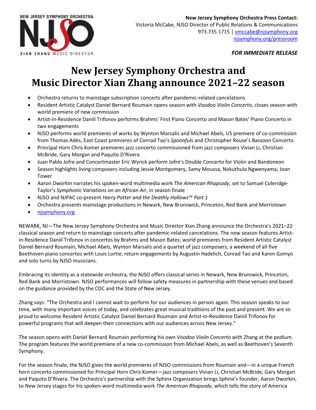 New Jersey Symphony Orchestra and Music Director Xian Zhang Announce 2021–22 Season