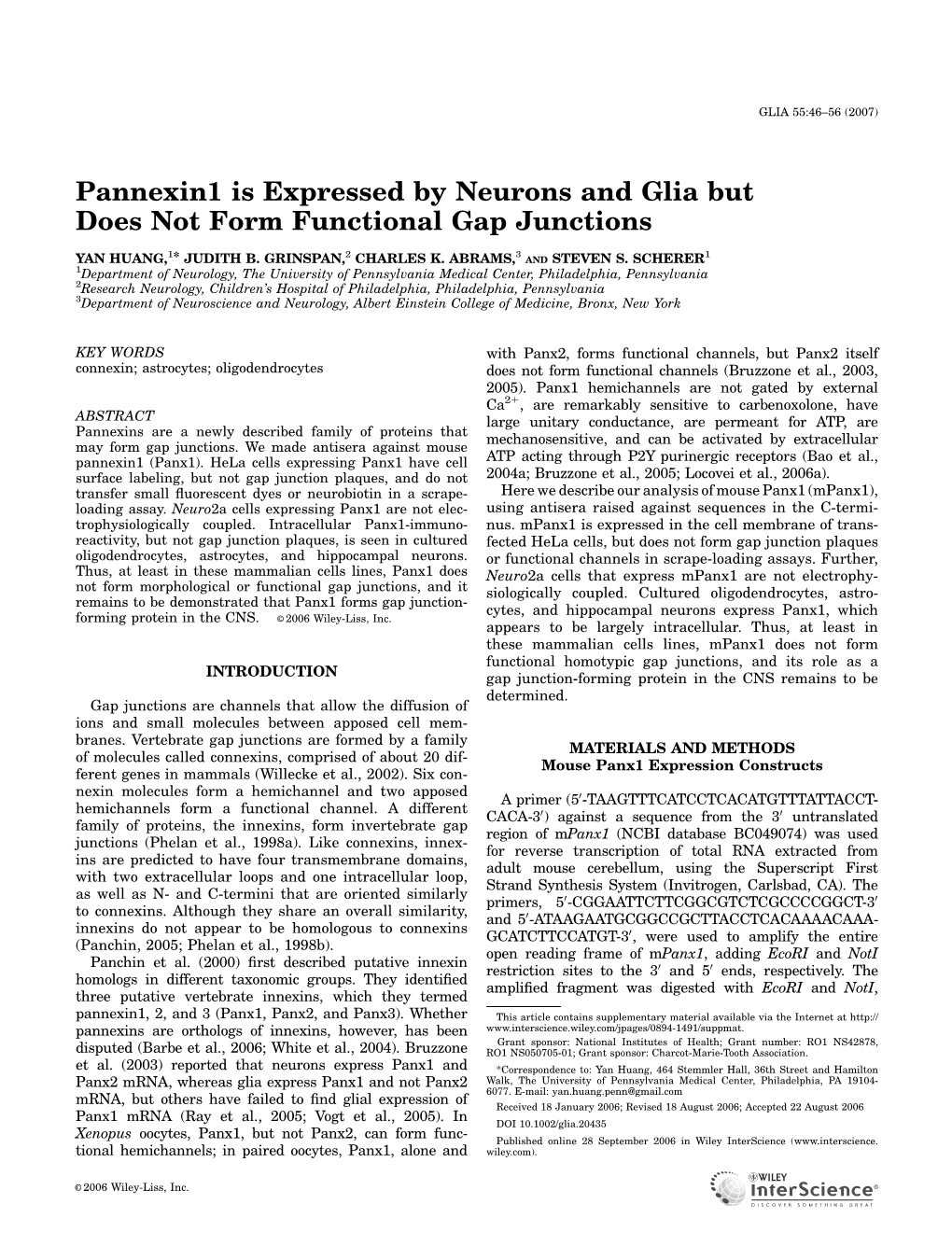 Pannexin1 Is Expressed by Neurons and Glia but Does Not Form Functional Gap Junctions