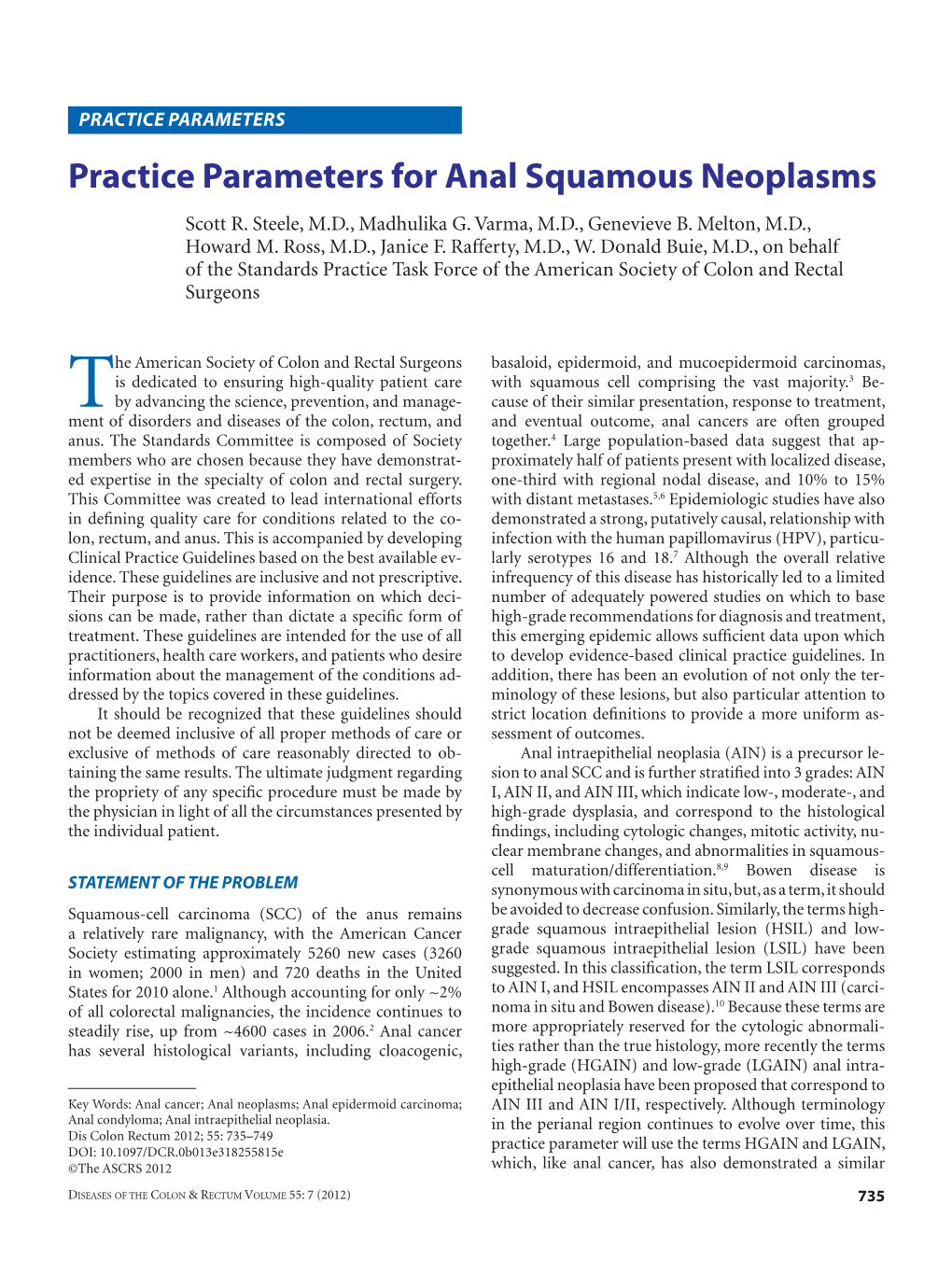 Practice Parameters for Anal Squamous Neoplasms Scott R
