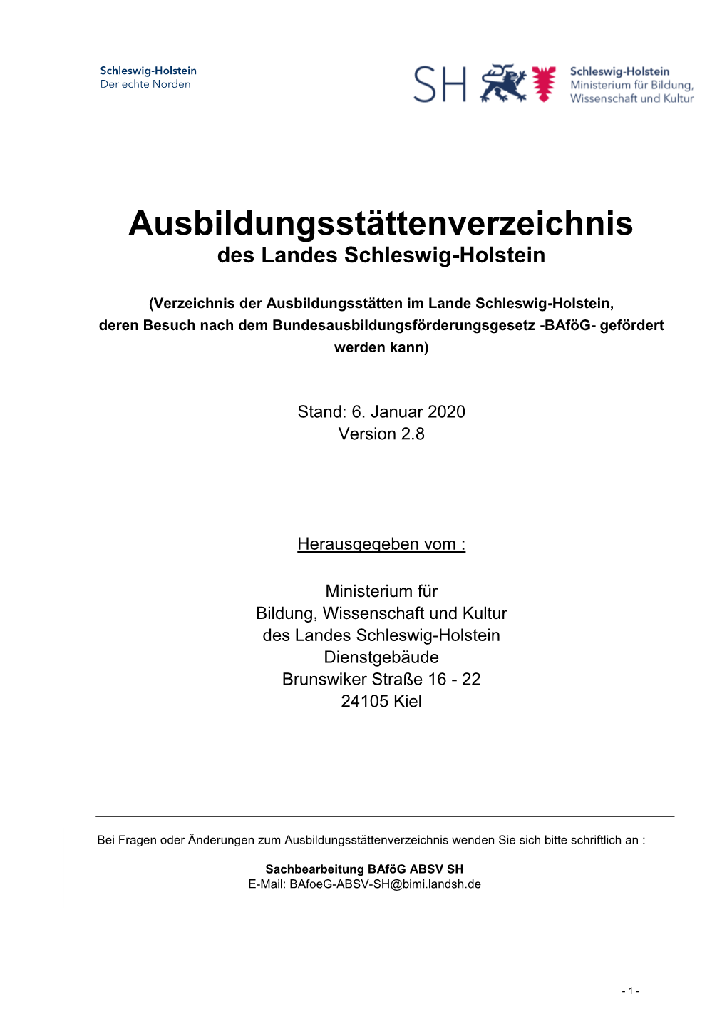 Ausbildungsstättenverzeichnis Des Landes Schleswig-Holstein