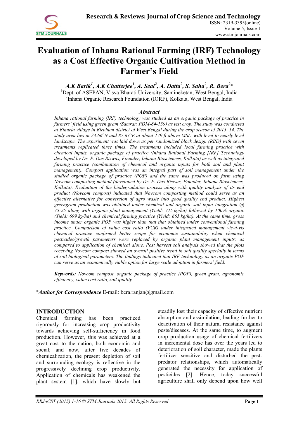 Evaluation of Inhana Rational Farming (IRF) Technology As a Cost Effective Organic Cultivation Method in Farmer's Field