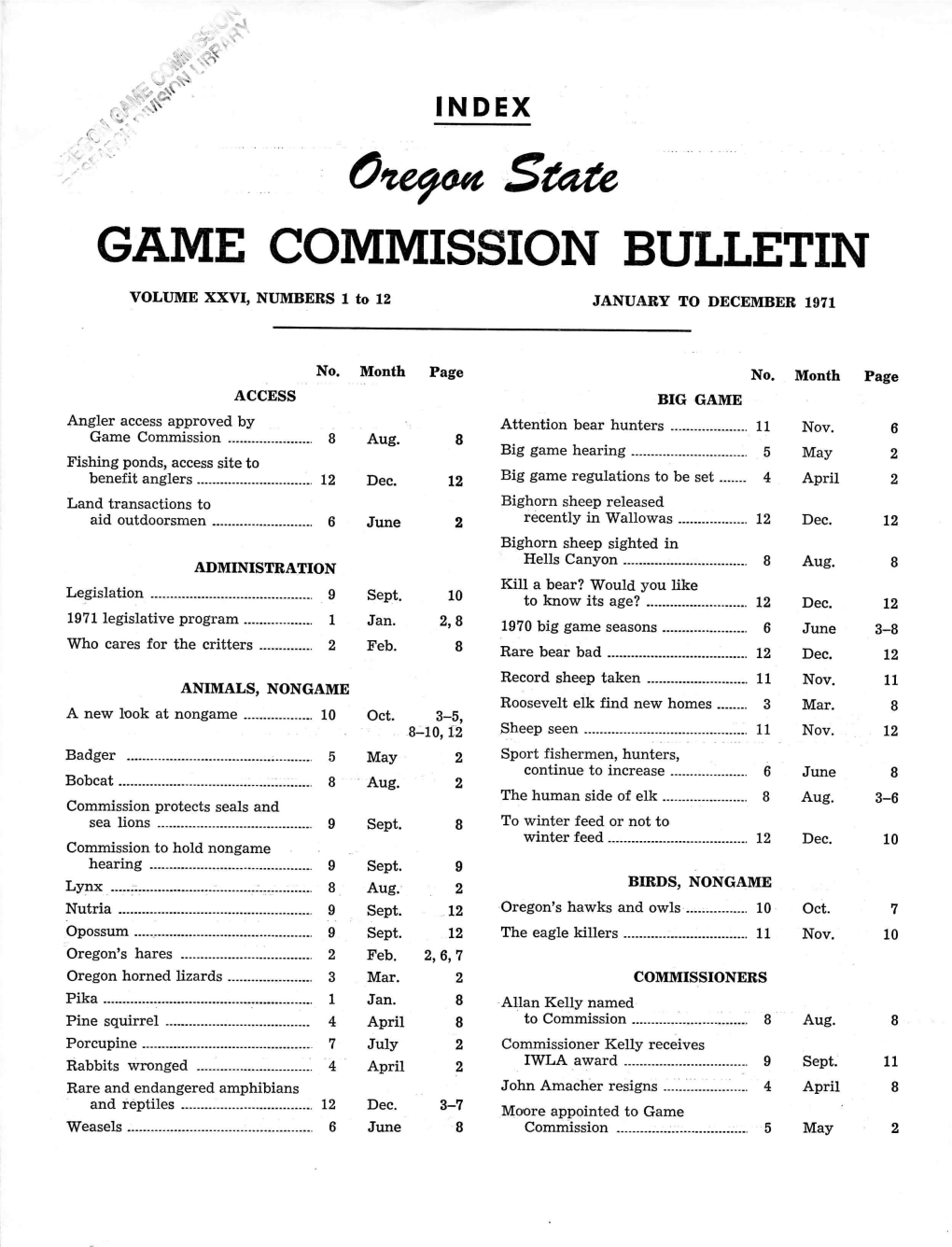 Arepa State GAME COMMISSIONBULLETIN VOLUME XXVI, NUMBERS 1 to 12 JANUARY to DECEMBER 1971