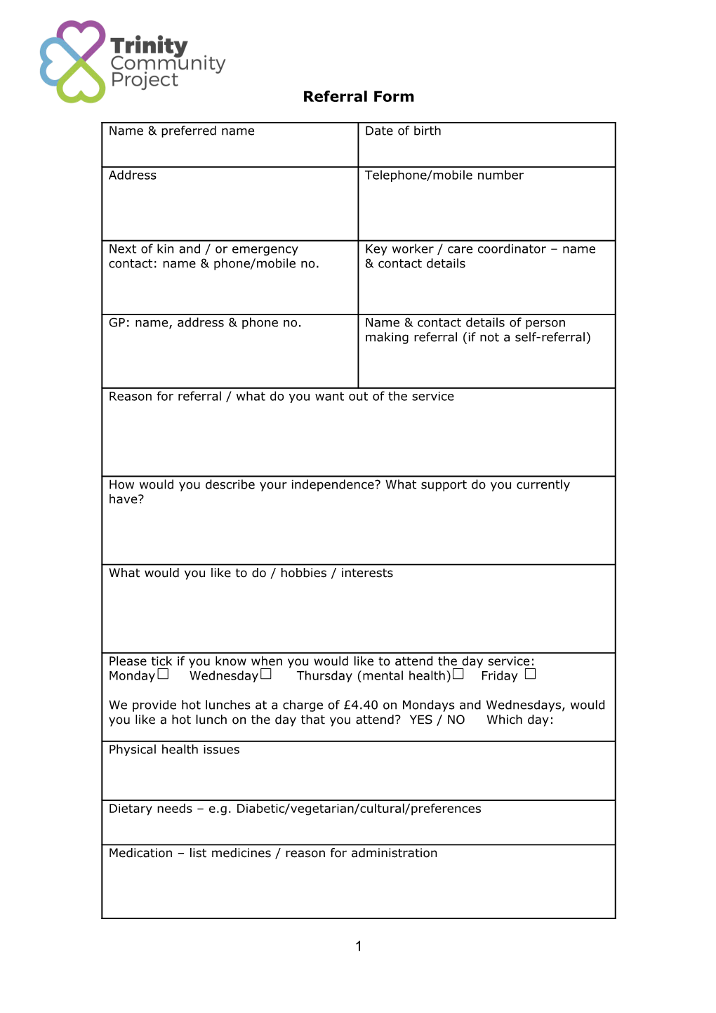 Trinity Community Project Referral Form