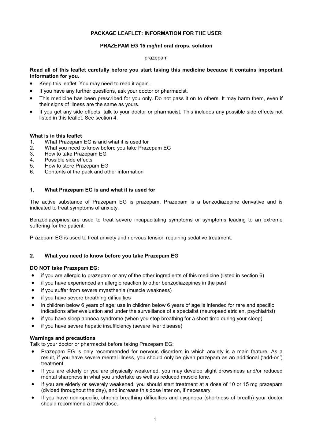 INFORMATION for the USER PRAZEPAM EG 15 Mg/Ml Oral