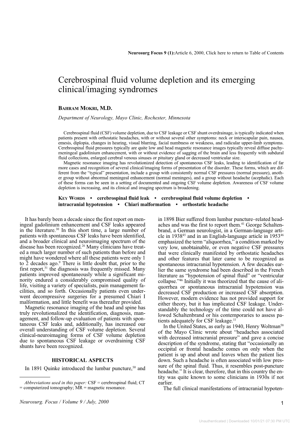 Cerebrospinal Fluid Volume Depletion and Its Emerging Clinical/Imaging Syndromes