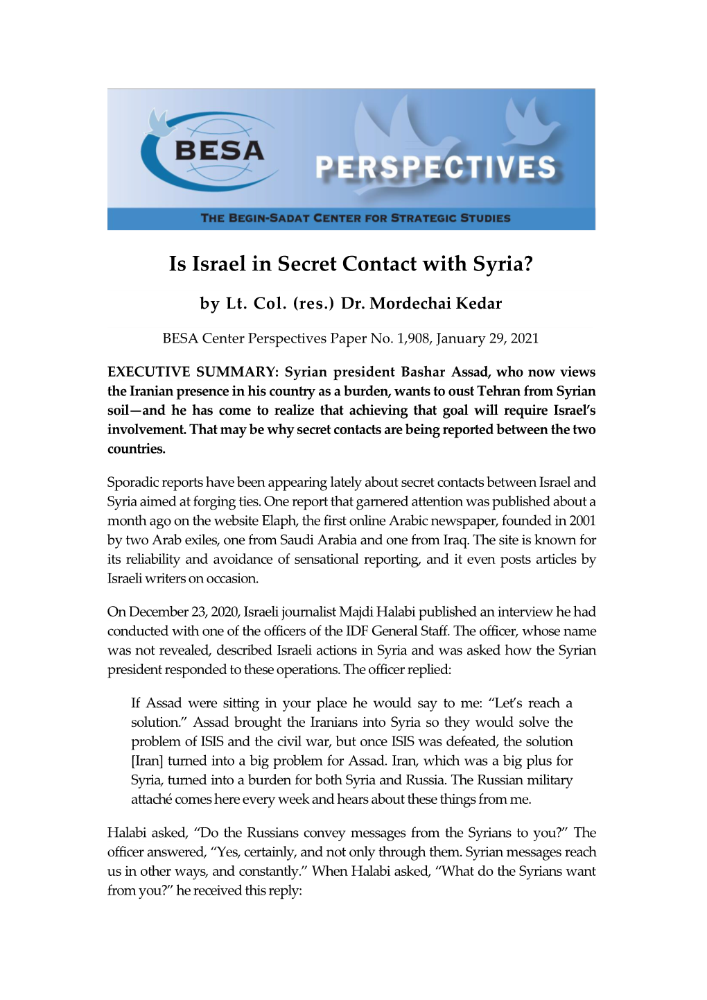 Is Israel in Secret Contact with Syria?