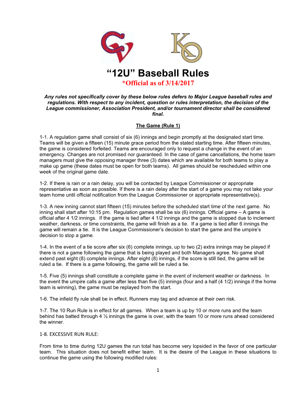 “12U” Baseball Rules *Official As of 3/14/2017