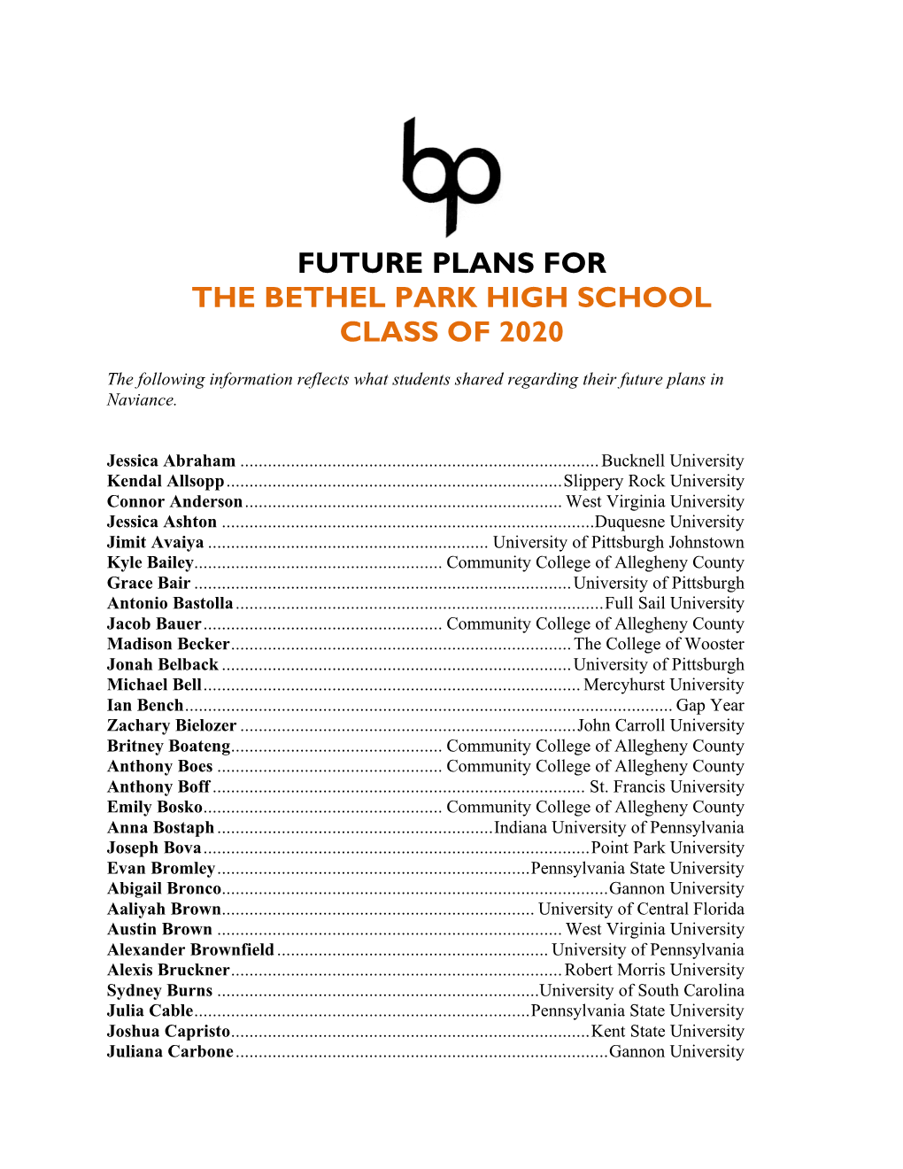 Future Plans for the Bethel Park High School Class of 2020