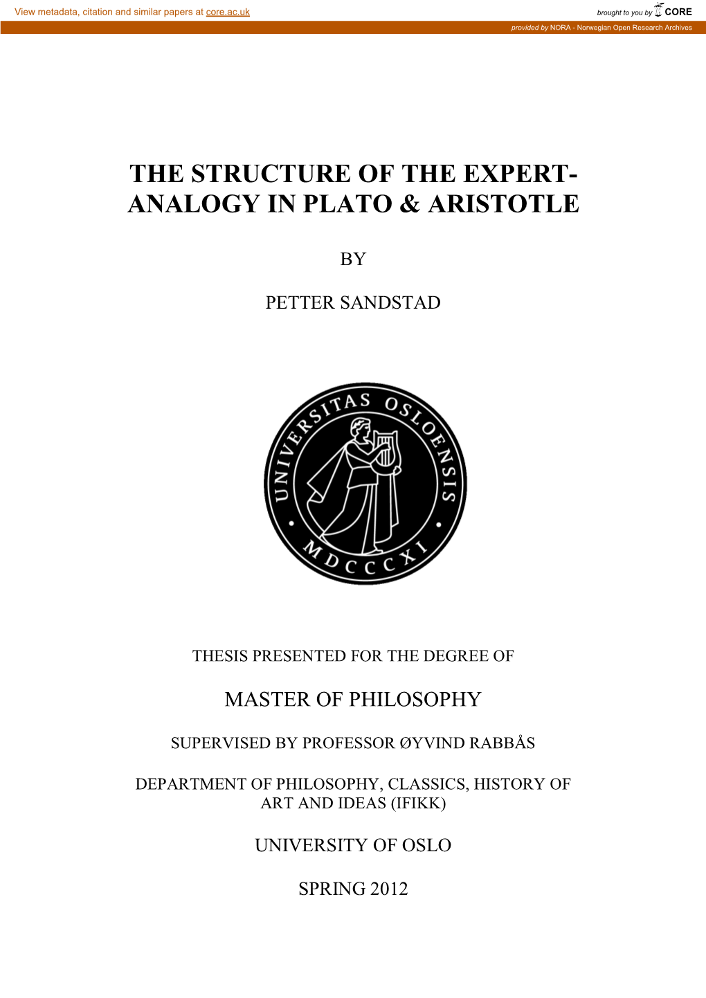 The Structure of the Expert-Analogy in Plato & Aristotle