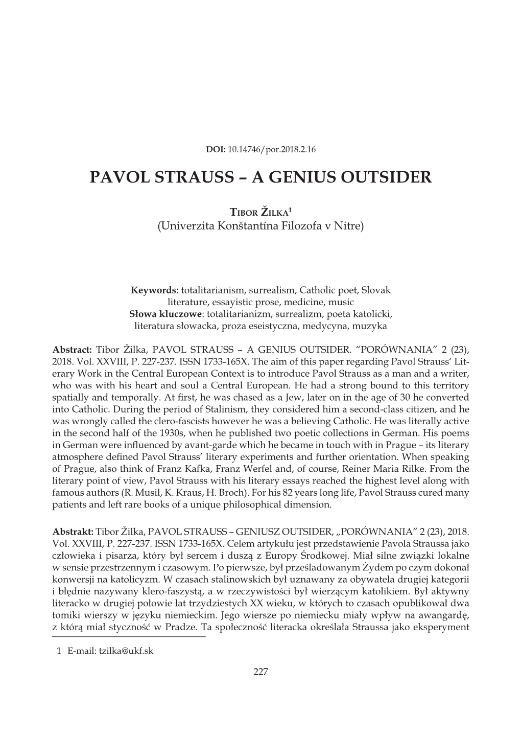 Pavol Strauss – a Genius Outsider